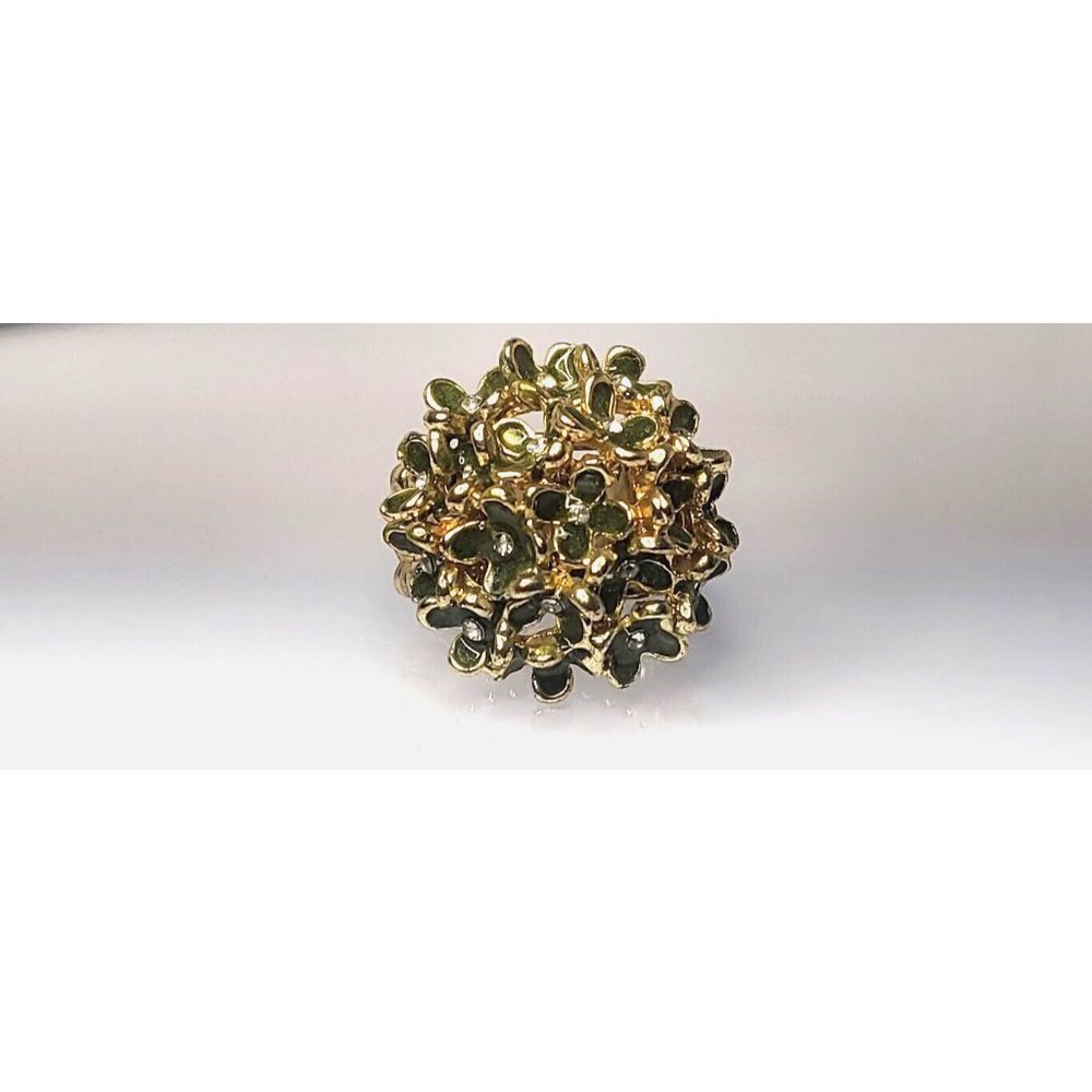 Vintage Green Enamel Floral Rhinestone Gold Tone Stretch Statement Ring Fits All
